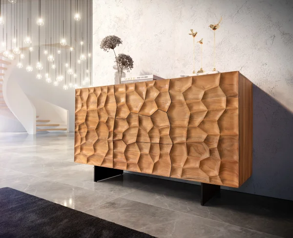 Sideboard Solu 145 cm Akazie Natur 2 Türen 3 Schübe Fuß schwebend Metall Schwarz 3D-Front