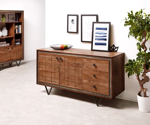 Sideboard Stonegrace 150 cm Akazie Braun 3D 2 Türen 3 Schubladen V-Fuß Schwarz