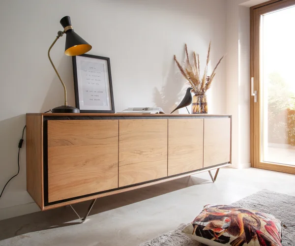 Sideboard Stonegrace 200 cm Akazie Natur 4 Türen Steinfurnier V-Fuß