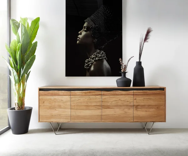 Sideboard Stonegrace 200x45 cm Akazie Natur 4 Türen Baumkante