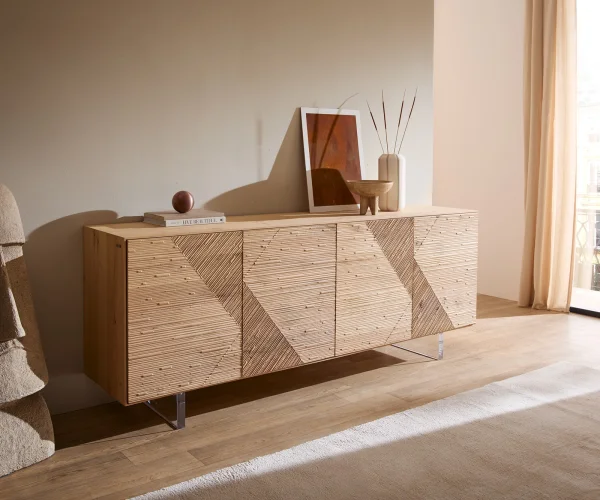 Sideboard Tereos 200 cm Eiche Natur 3D Effekt 4 Türen Fuß Schwebeoptik Acrylglas