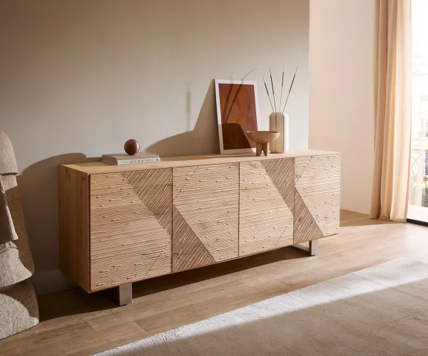 Sideboard Tereos 200 cm Eiche Natur 3D Effekt 4 Türen Kufe Edelstahl gebürstet