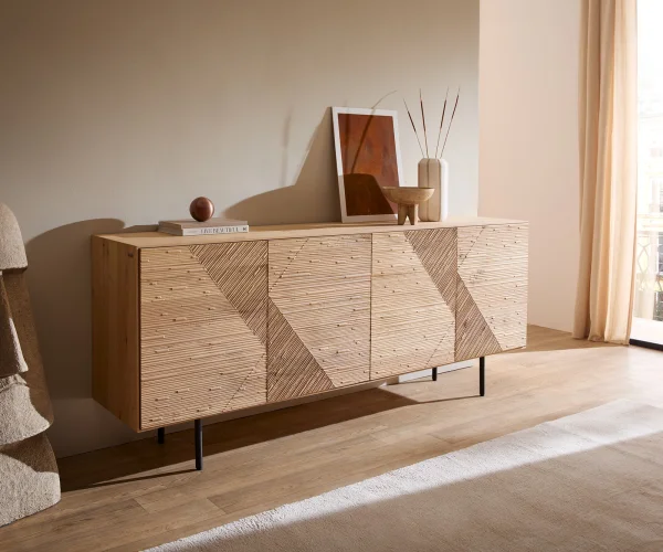 Sideboard Tereos 200 cm Eiche Natur 3D Effekt 4 Türen Rundfuß Metall Schwarz