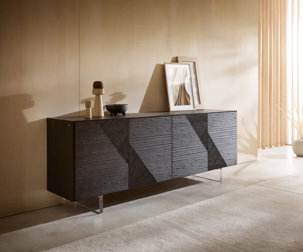 Sideboard Tereos 200 cm Esche Dunkelbraun 3D Effekt 4 Türen Fuß Schwebeoptik Acrylglas