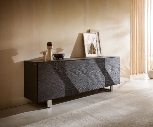Sideboard Tereos 200 cm Esche Dunkelbraun 3D Effekt 4 Türen Kufe Edelstahl gebürstet