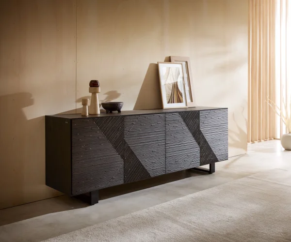 Sideboard Tereos 200 cm Esche Dunkelbraun 3D Effekt 4 Türen Kufe Metall Schwarz