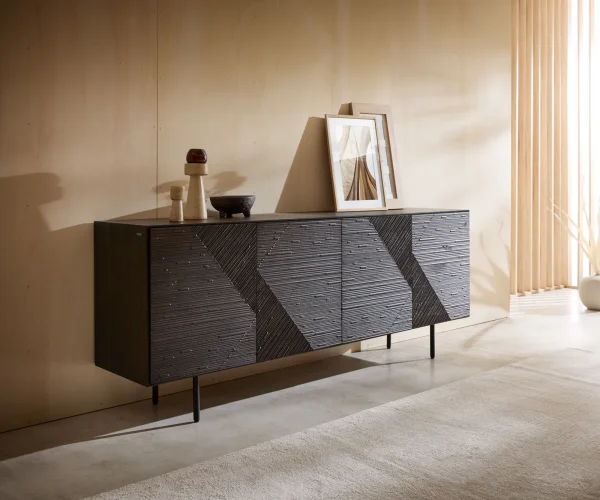Sideboard Tereos 200 cm Esche Dunkelbraun 3D Effekt 4 Türen Rundfuß Metall Schwarz