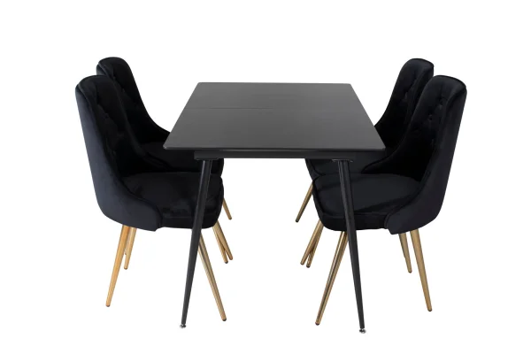 SilarBLExt Essgruppe Esstisch Ausziehbarer Tisch Länge cm 120 / 160 schwarz und 4 Velvet Deluxe Esszimmerstühle Velour schwarz, Messing dekor.