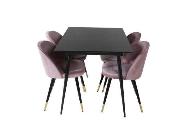 SilarBLExt Essgruppe Esstisch Ausziehbarer Tisch Länge cm 120 / 160 schwarz und 4 Velvet Esszimmerstühle Velour pink, schwarz, Messing dekor.