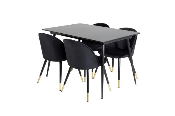 SilarBLExt Essgruppe Esstisch Ausziehbarer Tisch Länge cm 120 / 160 schwarz und 4 Velvet Esszimmerstühle Velour schwarz, Messing dekor.