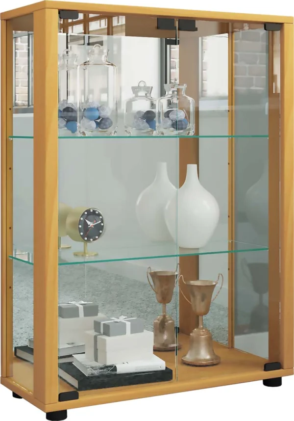 Sintalo Vitrinenschrank mit Spiegel 2 Glastüren Inkl. LED-Leuchten Buche dekor.