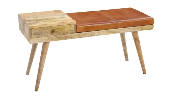 Sitzbank mit Schublade 100 cm Mangoholz massiv - Leder - ELKA