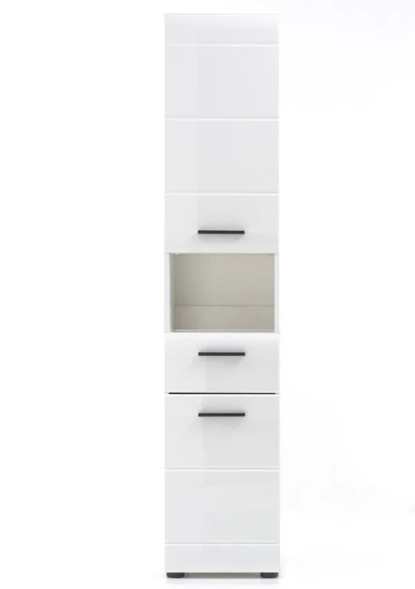 SkinGloss Bad Hochschrank 2 Türen, 2 Schublade, 1 offenes Fach weiß, weiß Hochglanz.