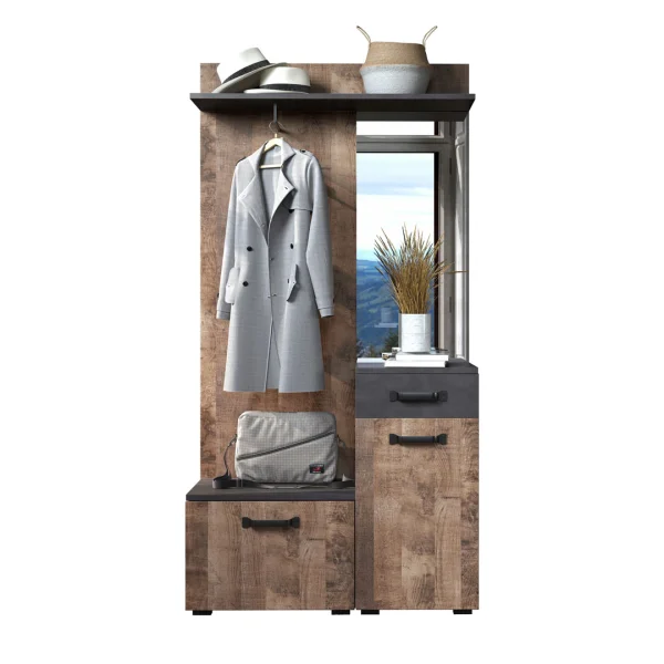 Smile Kleiderschrank-Set 1 Ablage, 1 Garderobenstange, 1 klapp, 1 Türen, 1 Schubladen grau Matera dekor, Tabak Eiche dekor.