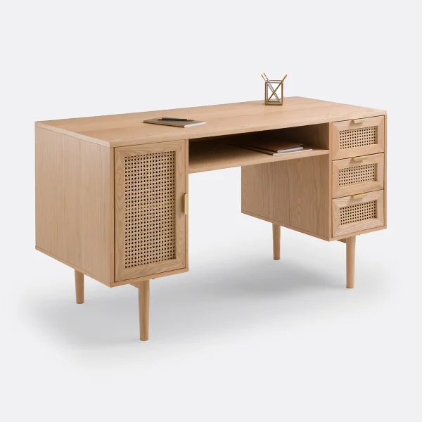 So'home Schreibtisch Loris Mit 2 Kästen, Eichenfurnier Und Rattan