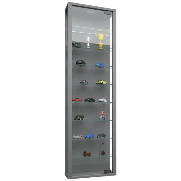 Stano Maxi Vitrinenschrank wandhängend 1 Glastür mit LED Licht zum aufhängen Silberfarbig.