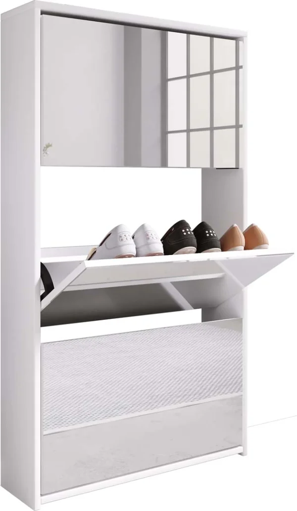 StidoXL Schuhschrank 3 Klaptüren Spiegel weiß.
