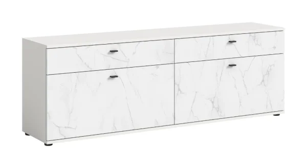 Stone TV Tisch 2 Klappentüren, 2 Schubladen Marmor Dekor weiß.