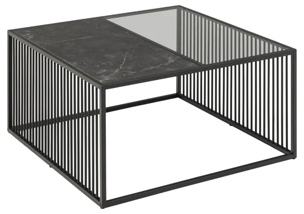Strington Couchtisch 80x80 cm Glas rauchfarbenen, schwarz Marmor dekor.