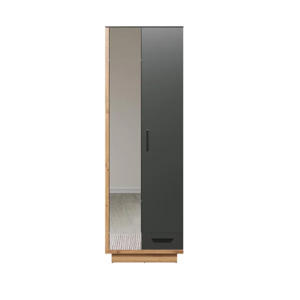 Synnax Kleiderschrank 1 groß Tür, 1 klein Tür, 1 Schublade grau,Eiche dekor.