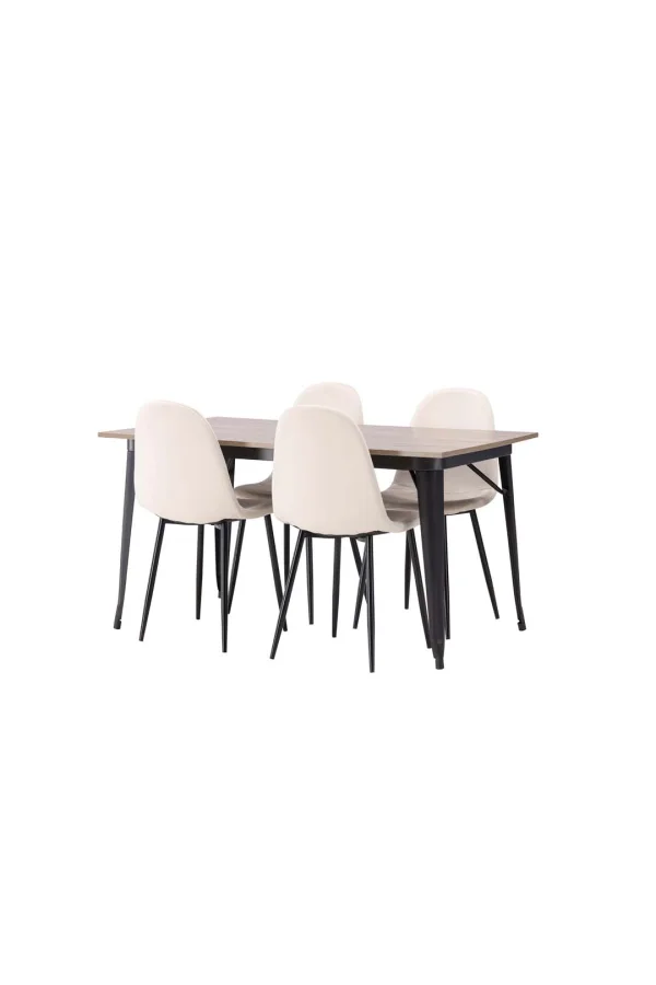 Tempe Essgruppe Tisch Nussbaum dekor und 4 Polar Stühle beige.