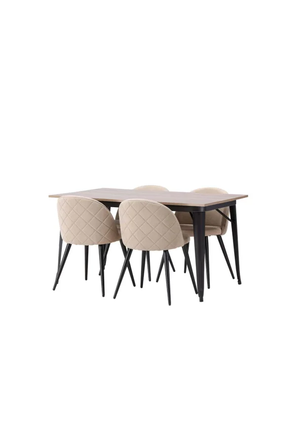 Tempe Essgruppe Tisch Nussbaum dekor und 4 Velvet Stühle beige.