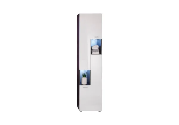 TetisBad Badschrank hoch 2 Türen, 2 offene Fächer Graphit Dekor, weiß Hochglanz.