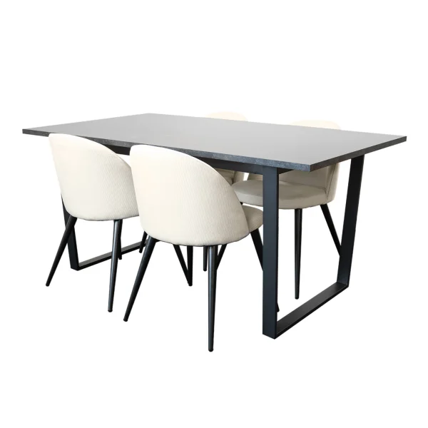 Tilst Essgruppe Esstisch mit schwarzem Marmordruck und 4 Stühlen Samt Beige.