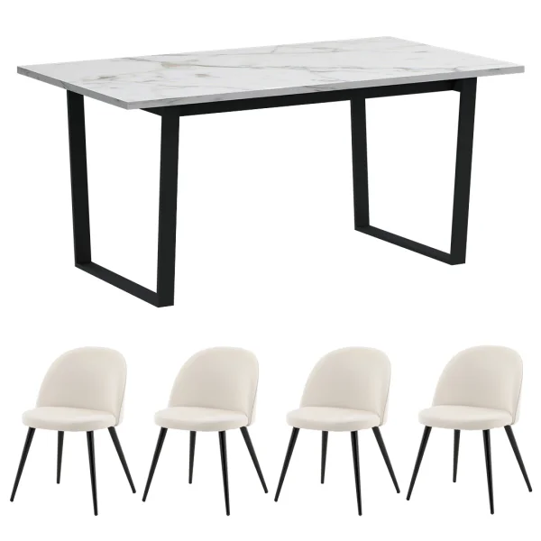 Tilst Essgruppe Esstisch mit weißem Marmordruck und 4 Stühlen Samt beige.