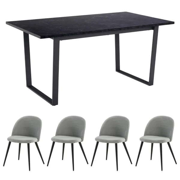 Tilst Essgruppe Tisch schwarz Marmor Print 90x160 4 Stühlen Velour grau.