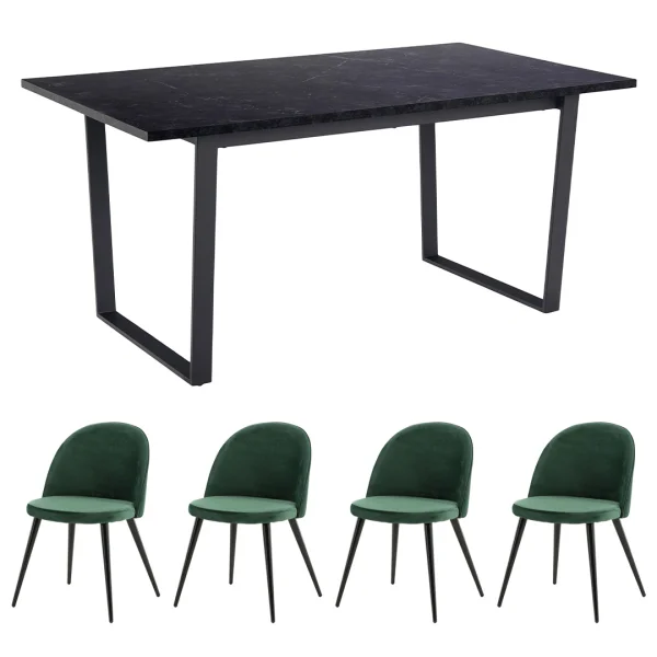 Tilst Essgruppe Tisch schwarz Marmor Print 90x160 4 Stühlen Velour grün.