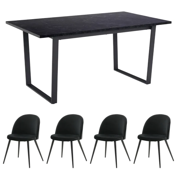 Tilst Essgruppe Tisch schwarz Marmor Print 90x160 4 Stühlen Velour schwarz.