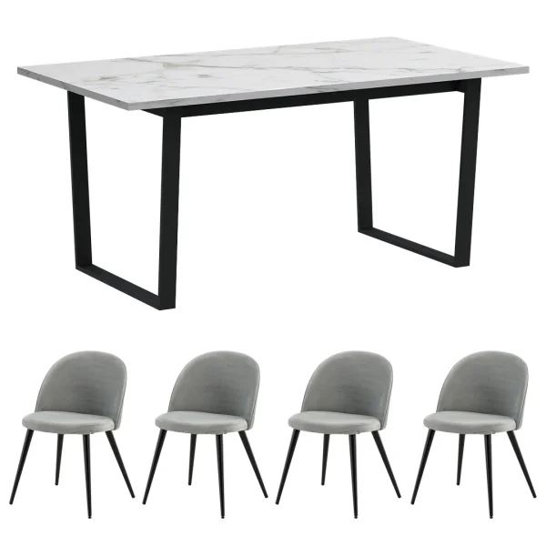 Tilst Essgruppe Tisch weiß Marmor Print 90x160 4 Stühlen Velour grau.