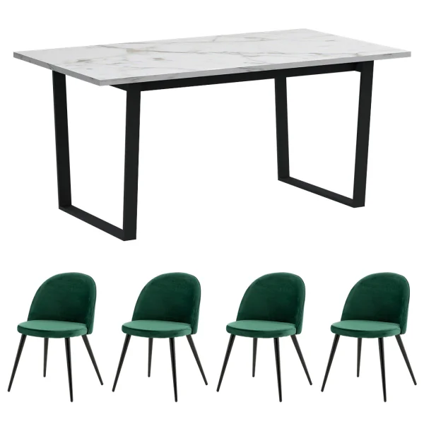 Tilst Essgruppe Tisch weiß Marmor Print 90x160 4 Stühlen Velour grün.