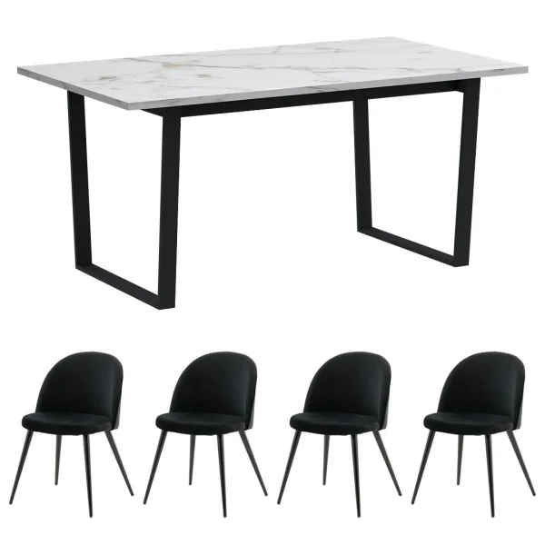 Tilst Essgruppe Tisch weiß Marmor Print 90x160 4 Stühlen Velour schwarz.