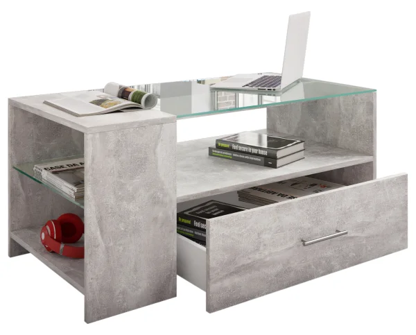 Tindala Couchtisch mit Glasplatte, 1 Schublade, 3 Regale Beton-Optik.