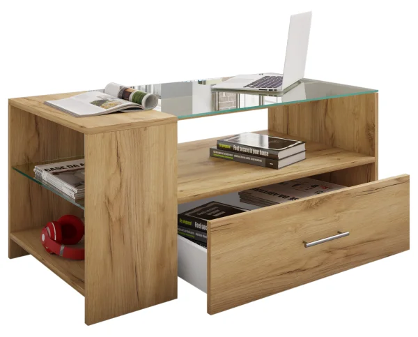 Tindala Couchtisch mit Glasplatte, 1 Schublade, 3 Regale Honig-Eiche dekor.