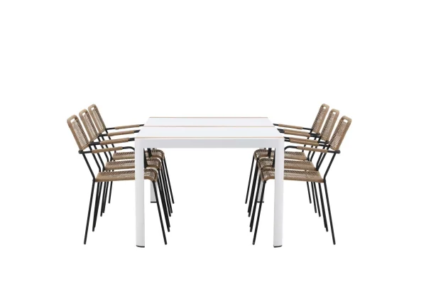 Togo Gartenset Tisch 100x200cm weiß, 6 Stühle Lindos braun.