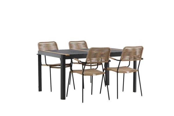 Togo Gartenset Tisch 90x150cm schwarz, 4 Stühle Lindos braun.