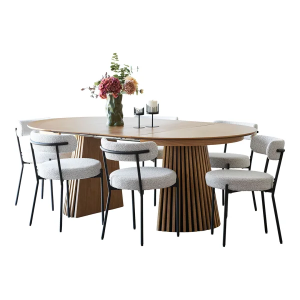 Tokyo Essgruppe Esstisch inkl. 2 Einlegeplatten Ø120x120-160-200 cm Eichenfurnier und 6 Stühle Bouclé Weiß.