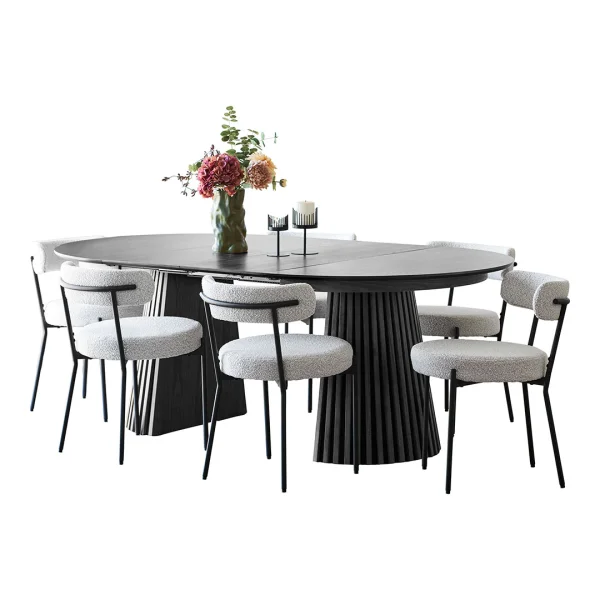 Tokyo Essgruppe Esstisch inkl. 2 Einlegeplatten Ø120x120-160-200 cm Schwarz und 6 Stühle Bouclé Weiß.