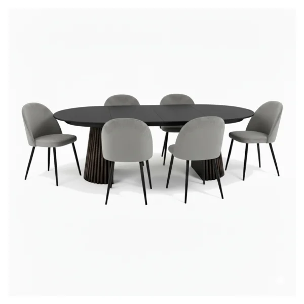 Tokyo Essgruppe Esstisch schwarz, 6 Stühle aus grauem Velours.