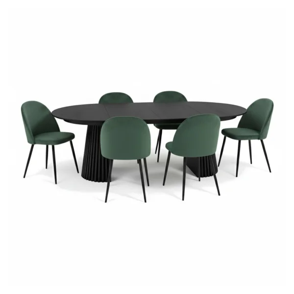 Tokyo Essgruppe Esstisch schwarz, 6 Stühle aus grünem Velours.