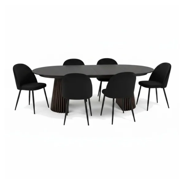 Tokyo Essgruppe Esstisch schwarz, 6 Stühle aus schwarzem Velours.