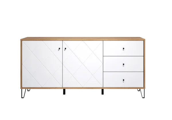 Touch Sideboard 2 Türen, 3 Schubladen Eiche Dekor, weiß matt.