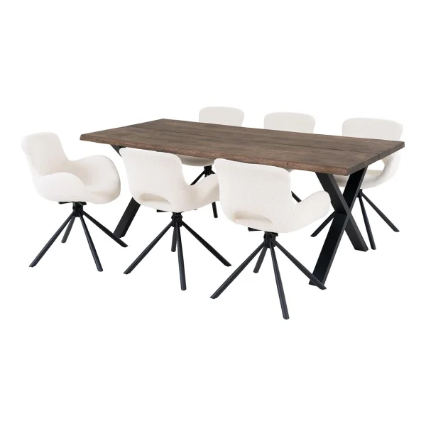 Toulon Essgruppe Esstisch 95x200cm natur und 6 Amorim Stuhl offwhite.