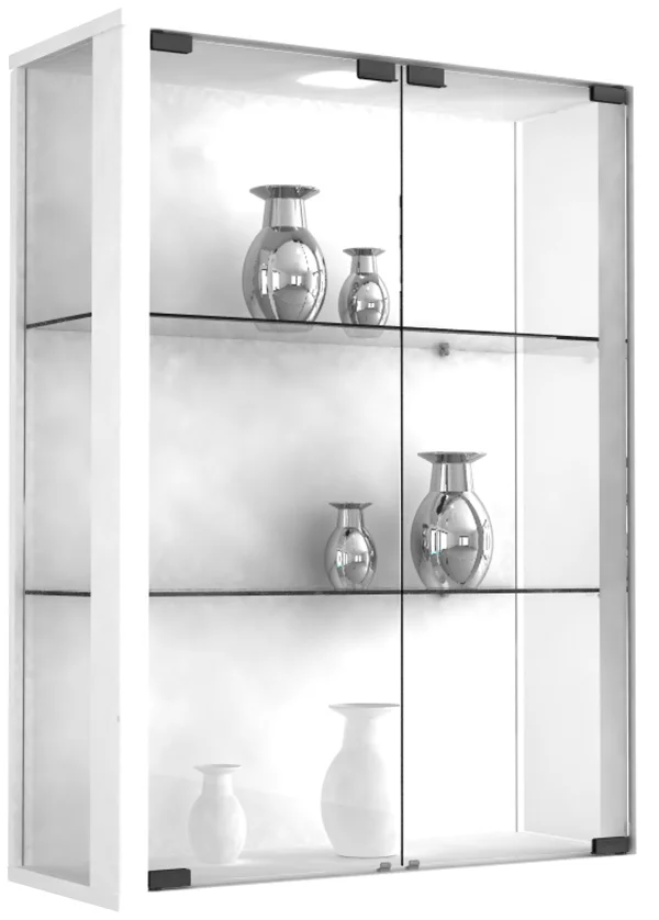 Udina Vitrinenschrank Wandhängend mit 2 Glastüren 2 Glasböden weiß.