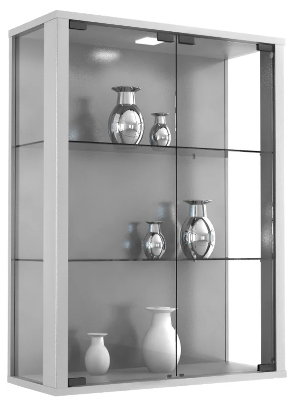 Udina Vitrinenschrank wandhängend mit 2 Glastüren und Licht Silberfarbig.