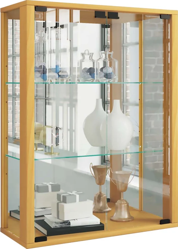 Udina Vitrinenschrank wandhängend mit Spiegel 2 Glastüren Buche dekor.