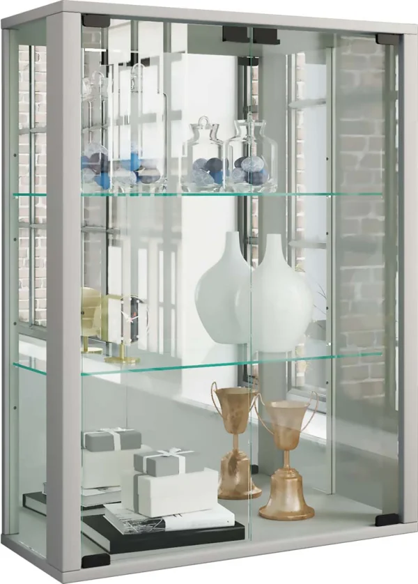 Udina Vitrinenschrank wandhängend mit Spiegel 2 Glastüren silberfarben.